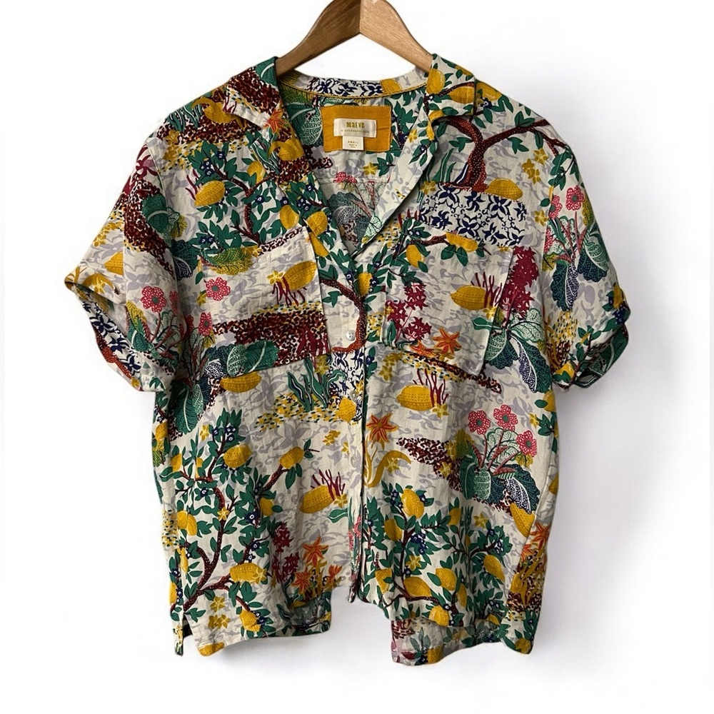 Anthropologie Linen Viscose Blend Classic Surf Shirt Top Novelty Lemon Small - Picture 3 of 8